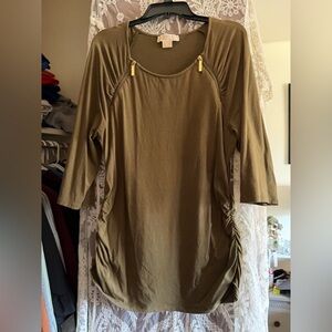 Michael Kors Olive Green Scoop Neck Tunic with Gold Zip Details